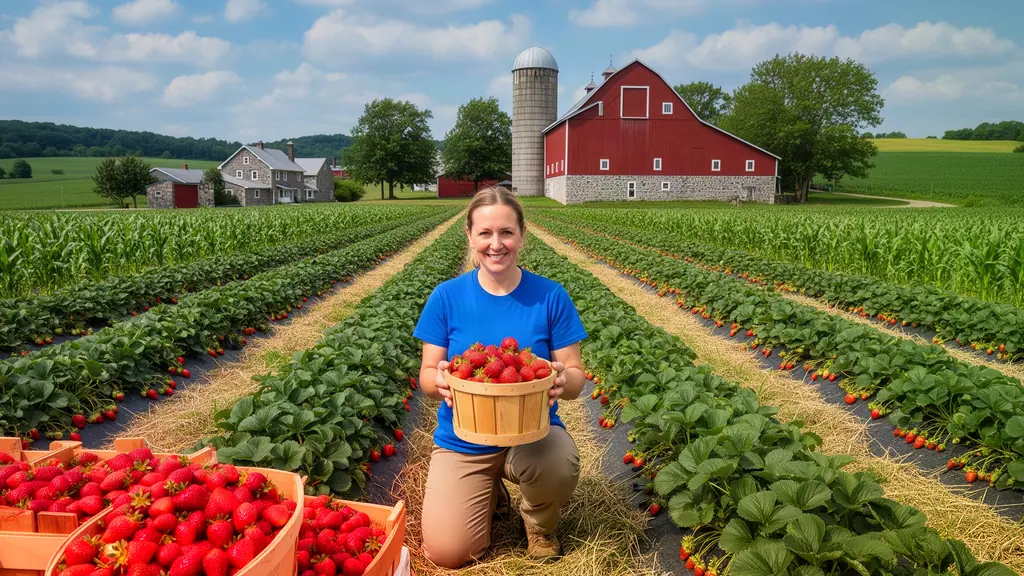 Smiling farmer kneeling between strawberry rows holding a basket of berries, a red bank barn and silo behind